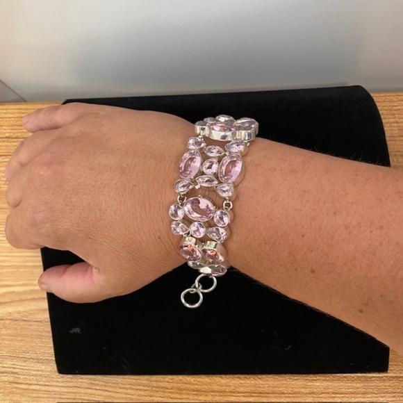 925 Stamped Silver Hand Crafted and Pink Kunzite Crystal Cabochons Bracelet - Picture 4 of 6